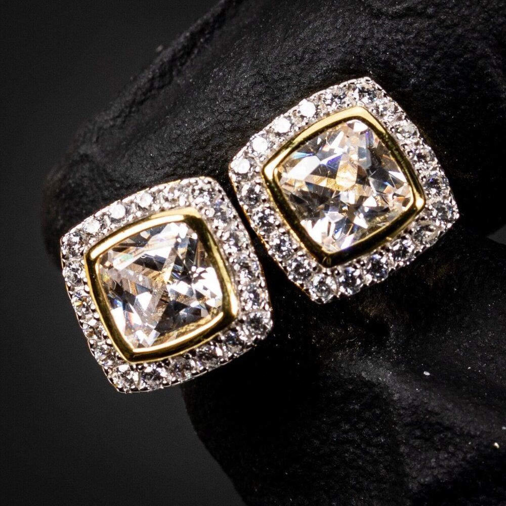 Men's Two Tone Gold 925 Sterling Silver Cushion Cut Hip Hop Stud Earrings